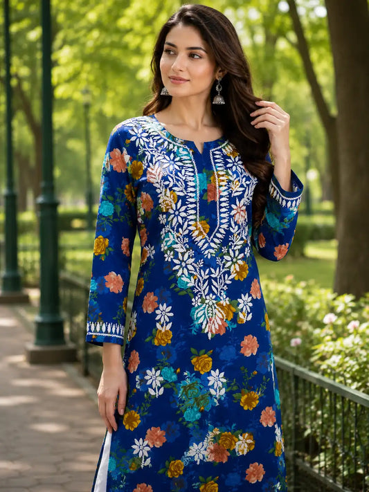 Women's Blue Malmal Cotton Floral Kurti with White Palazzo | Breathable Casual Ethnic Wear