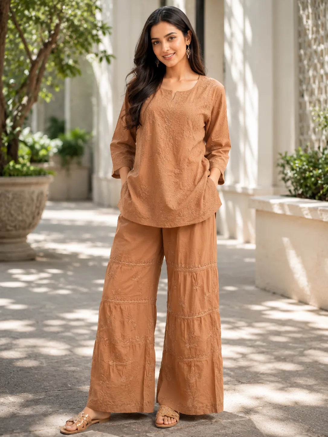 Women's Camel Brown Cotton Co-ord Set with Embroidered Wide-Leg Palazzo