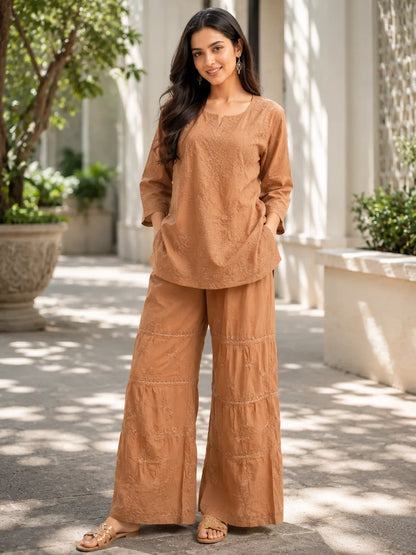 Women's Camel Brown Cotton Co-ord Set with Embroidered Wide-Leg Palazzo