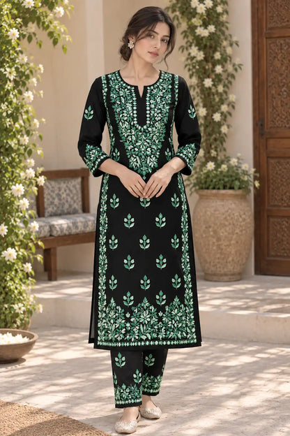 Women’s Emerald Green Rayon Floral Kurta Pant Set