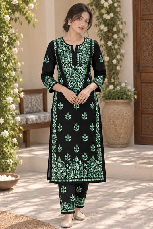 Women’s Emerald Green Rayon Floral Kurta Pant Set