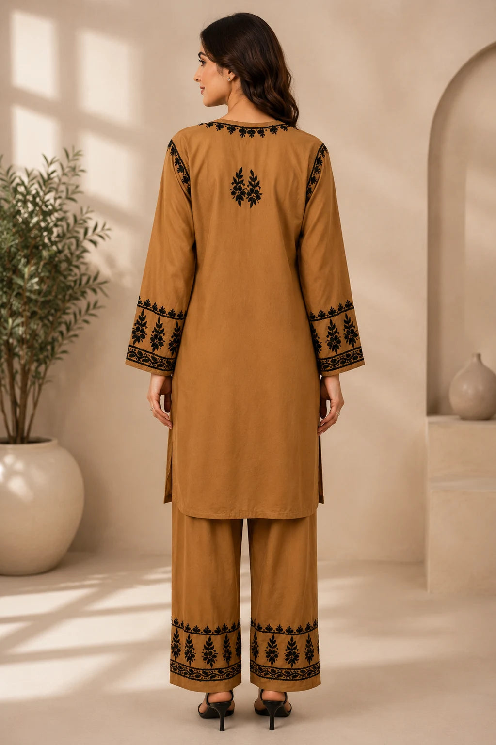 Women's Handcrafted Brown Rayon Chikankari Kurta and Palazzo Set – Elegant Ethnic Wear