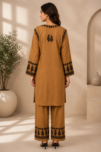Women's Handcrafted Brown Rayon Chikankari Kurta and Palazzo Set – Elegant Ethnic Wear