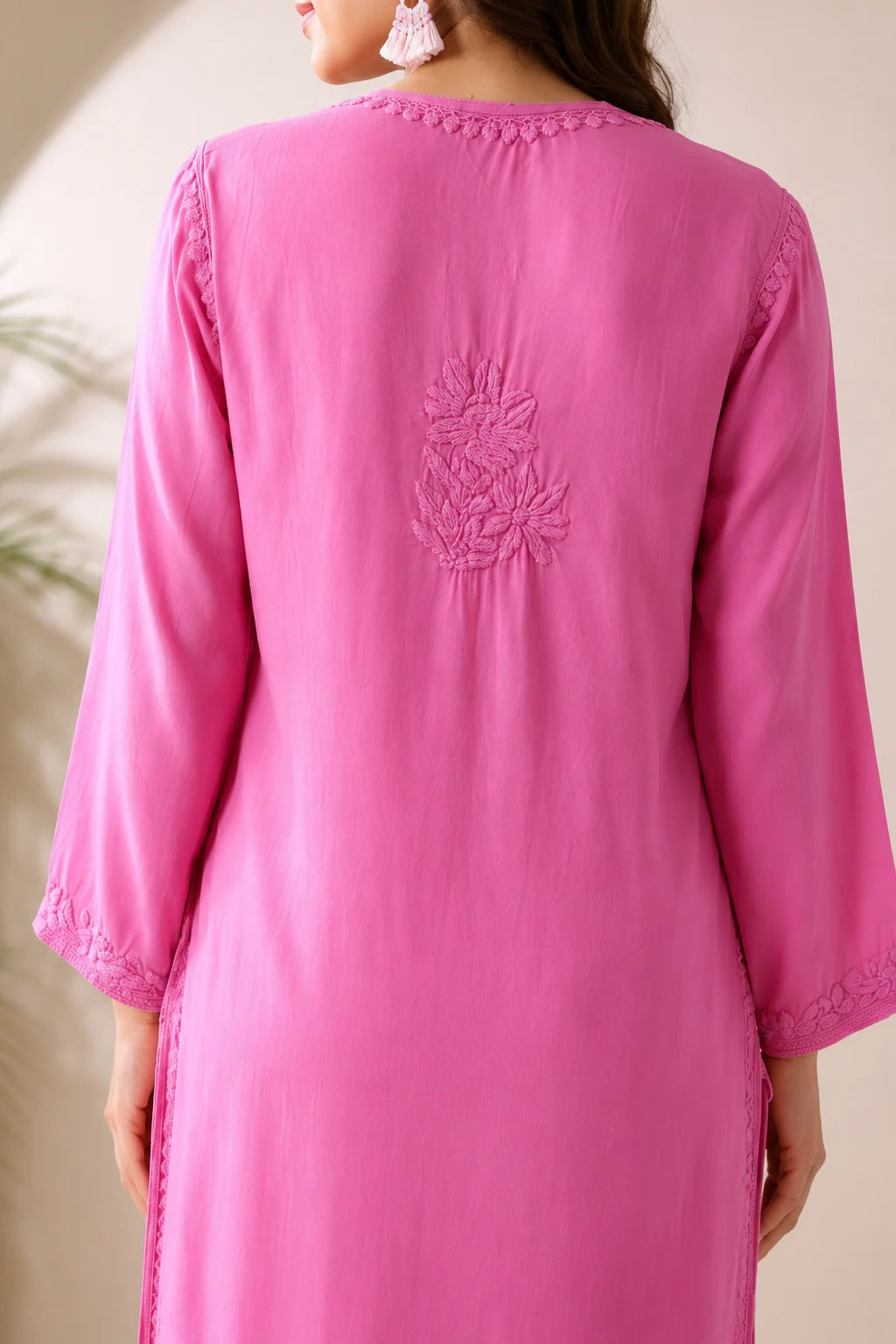 Women's Handcrafted Pink Modal Satin Chikankari Straight Kurti – Authentic Lucknow Embroidery