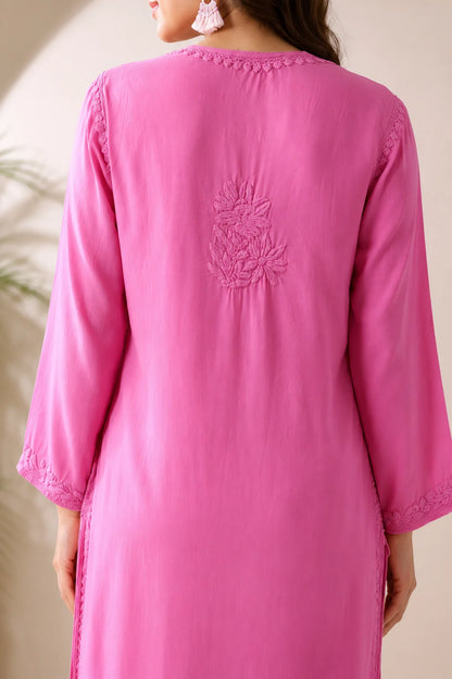 Women's Handcrafted Pink Modal Satin Chikankari Straight Kurti – Authentic Lucknow Embroidery