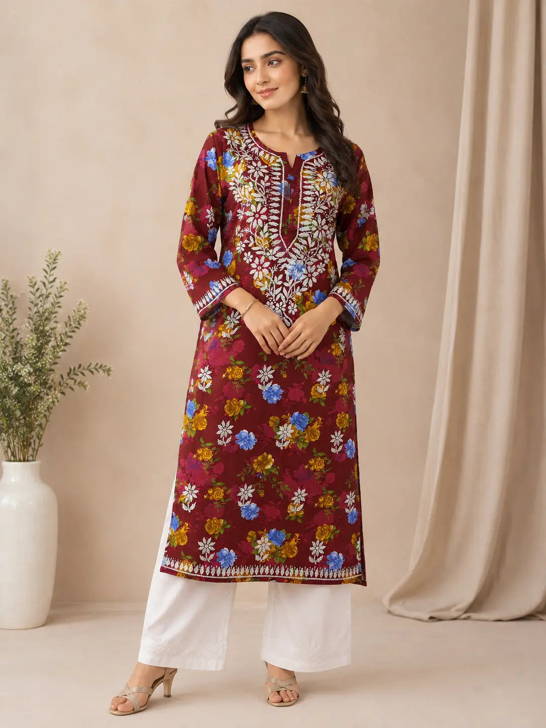Women's Maroon Floral Ethnic Kurti