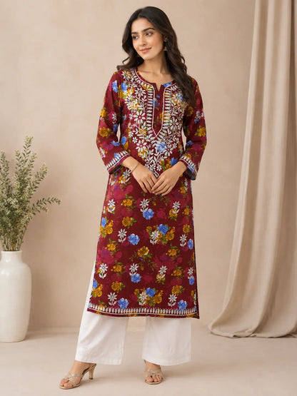 Women's Maroon Floral Ethnic Kurti