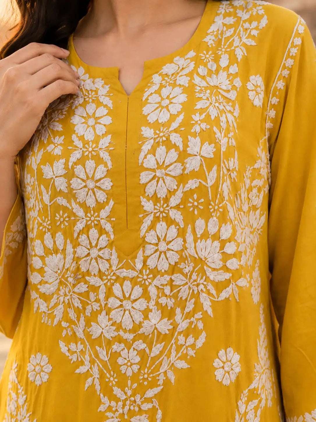 Women's Mustard Yellow Rayon Kurta Set with White Chikankari Embroidery and Matching Palazzo