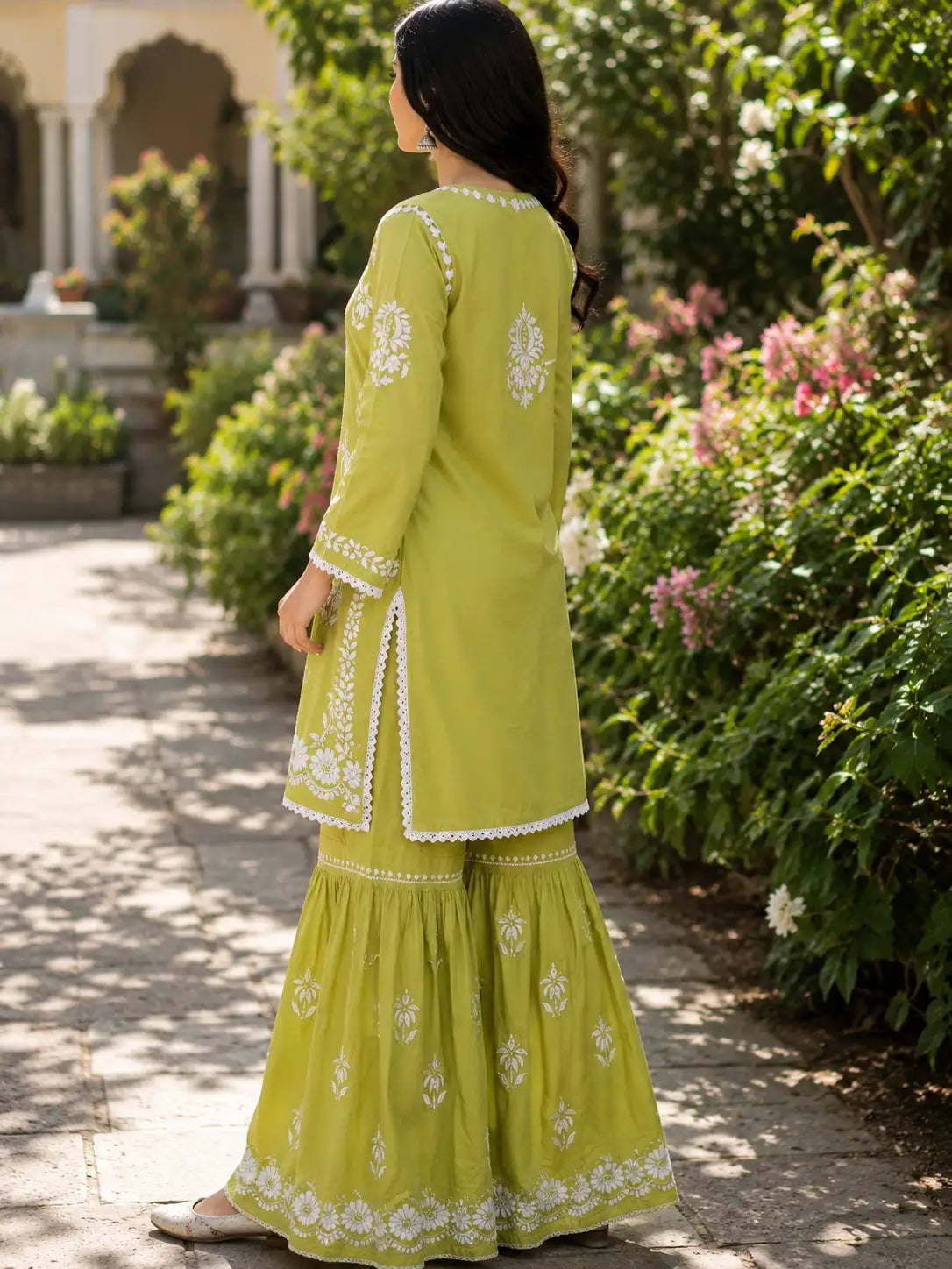 Women's Olive Green Embroidered Rayon Kurta Garara Set
