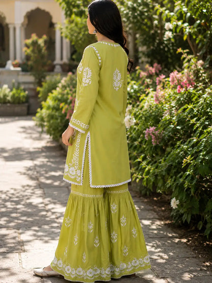 Women's Olive Green Embroidered Rayon Kurta Garara Set