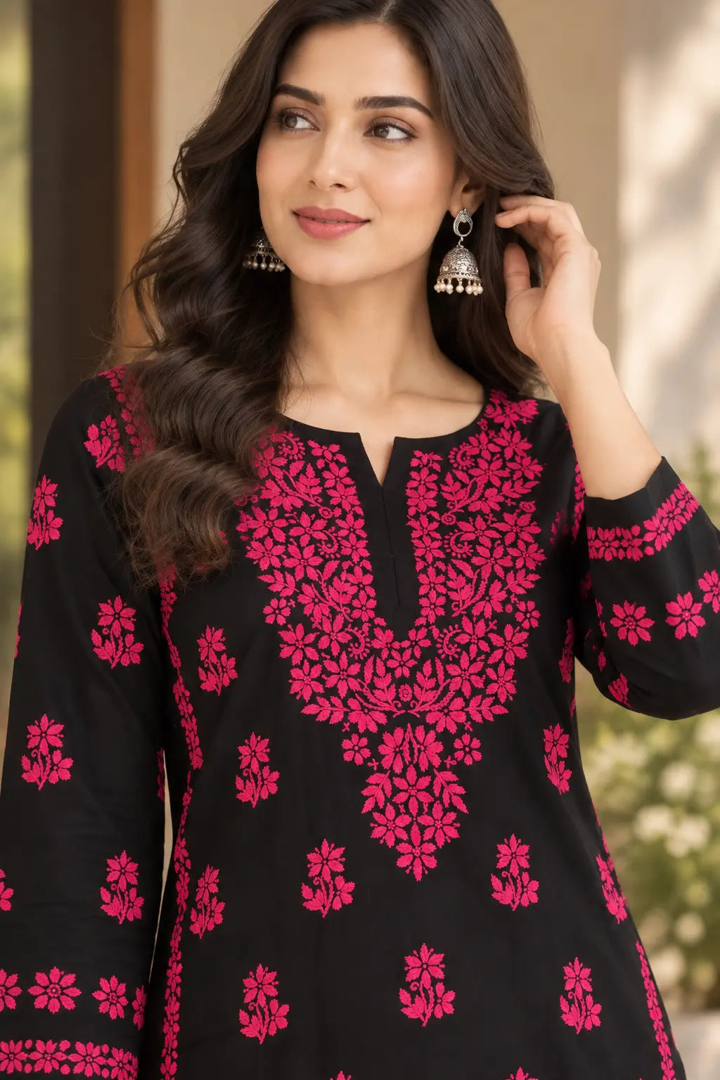 Red and Pink Floral Chikankari Kurta Pant Set