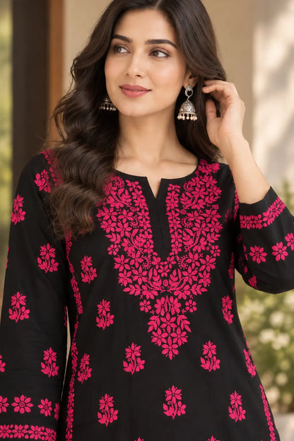 Red and Pink Floral Chikankari Kurta Pant Set