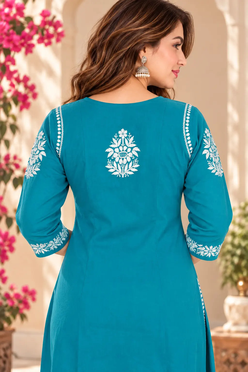 Women’s Rayon Kurta Pant Set with White Chikankari Work