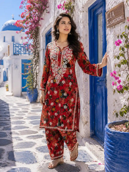 Women's Red Floral Malmal Cotton Kurti Set with Straight Pants | Soft Printed Ethnic Wear