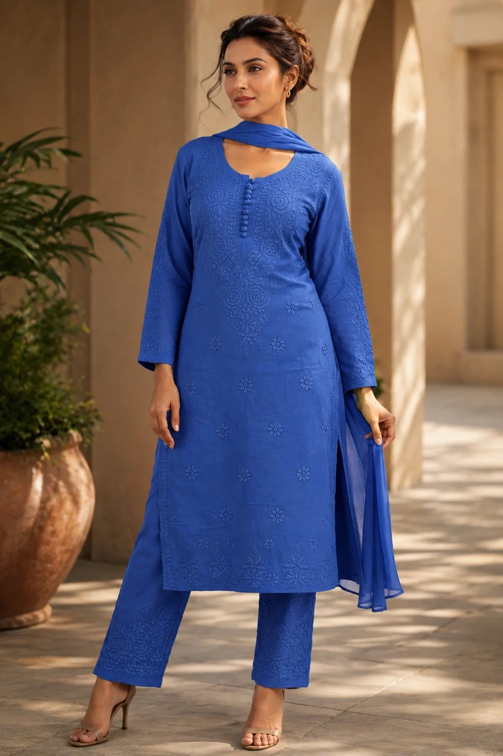 Women's Royal Blue Malmal Cotton Chikankari 3 Piece Suit Set