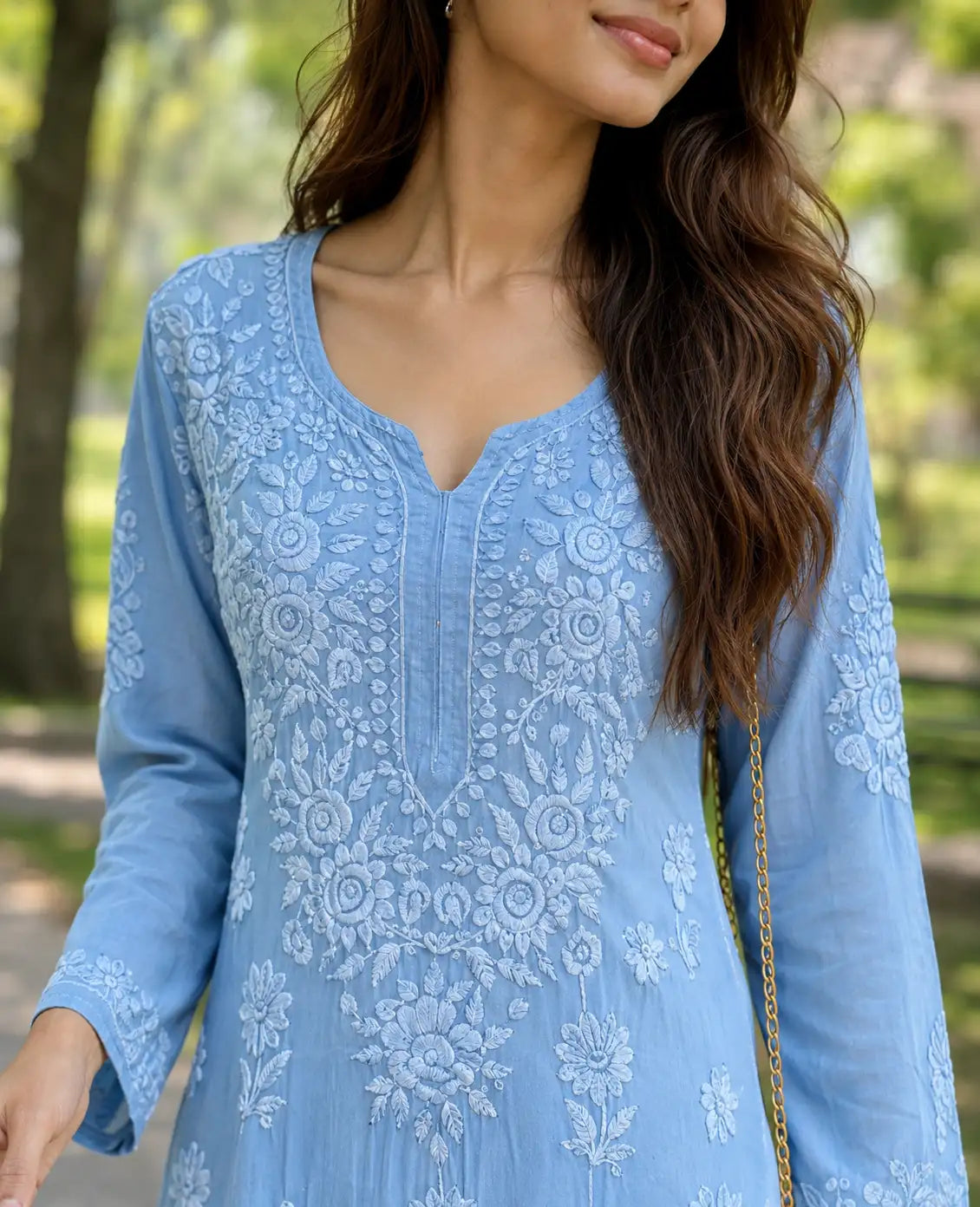 Women's Sky Blue Handcrafted Lucknowi Chikankari Modal Satin Kurti Styled with White Palazzo