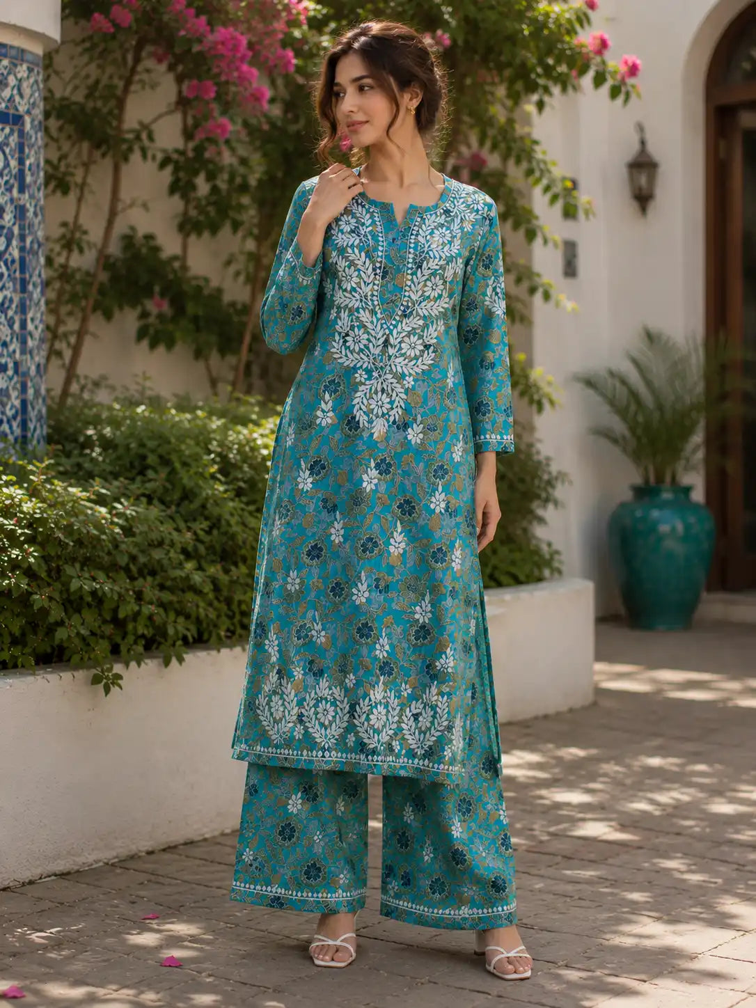 Women's Teal Blue Soft Rayon Embroidered Kurta Palazzo Set Front View