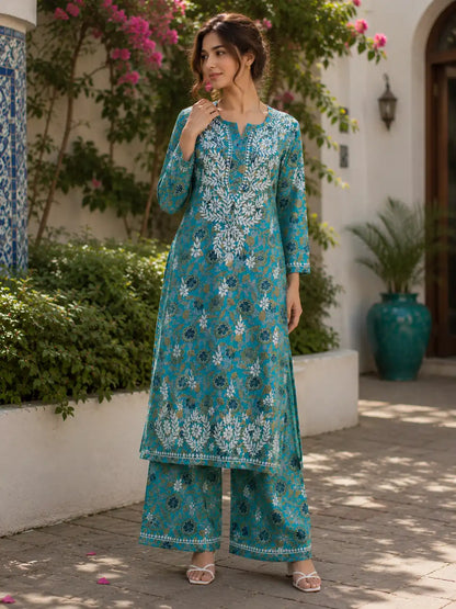 Women's Teal Blue Soft Rayon Embroidered Kurta Palazzo Set Front View