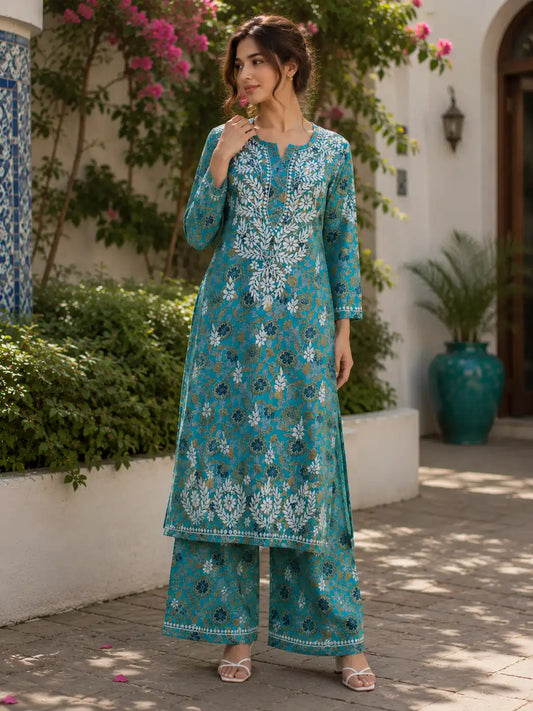 Women's Teal Blue Soft Rayon Embroidered Kurta Palazzo Set Front View