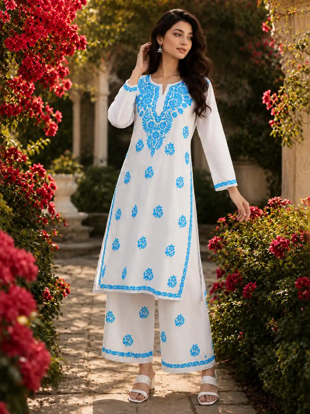 Women's White and Sky Blue Soft Rayon Embroidered Kurta Palazzo Set Front View