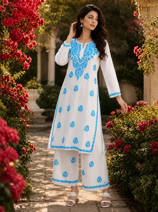 Women's White and Sky Blue Soft Rayon Embroidered Kurta Palazzo Set Front View