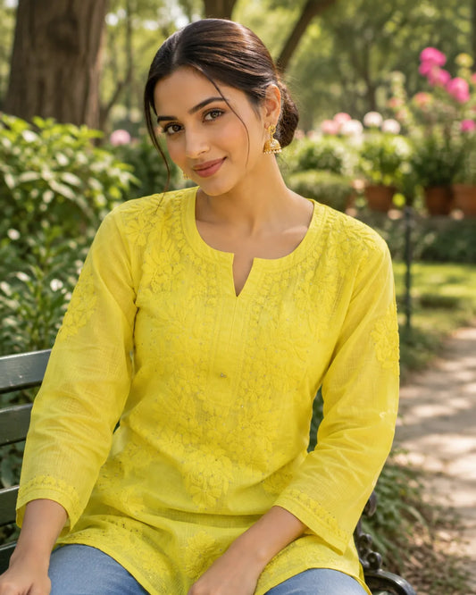 Women's Yellow Cotton Short Chikankari Kurti with Mukesh Work