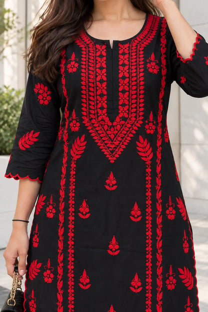 Women's black red embroidered rayon 2 piece ethnic set