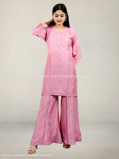 Women’s dusty rose pink chanderi plazo suit with hand-embroidered chikankari work and 44-inch kurti – Dniza Chikankari