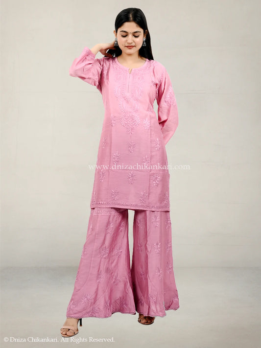 Women’s dusty rose pink chanderi plazo suit with hand-embroidered chikankari work and 44-inch kurti – Dniza Chikankari