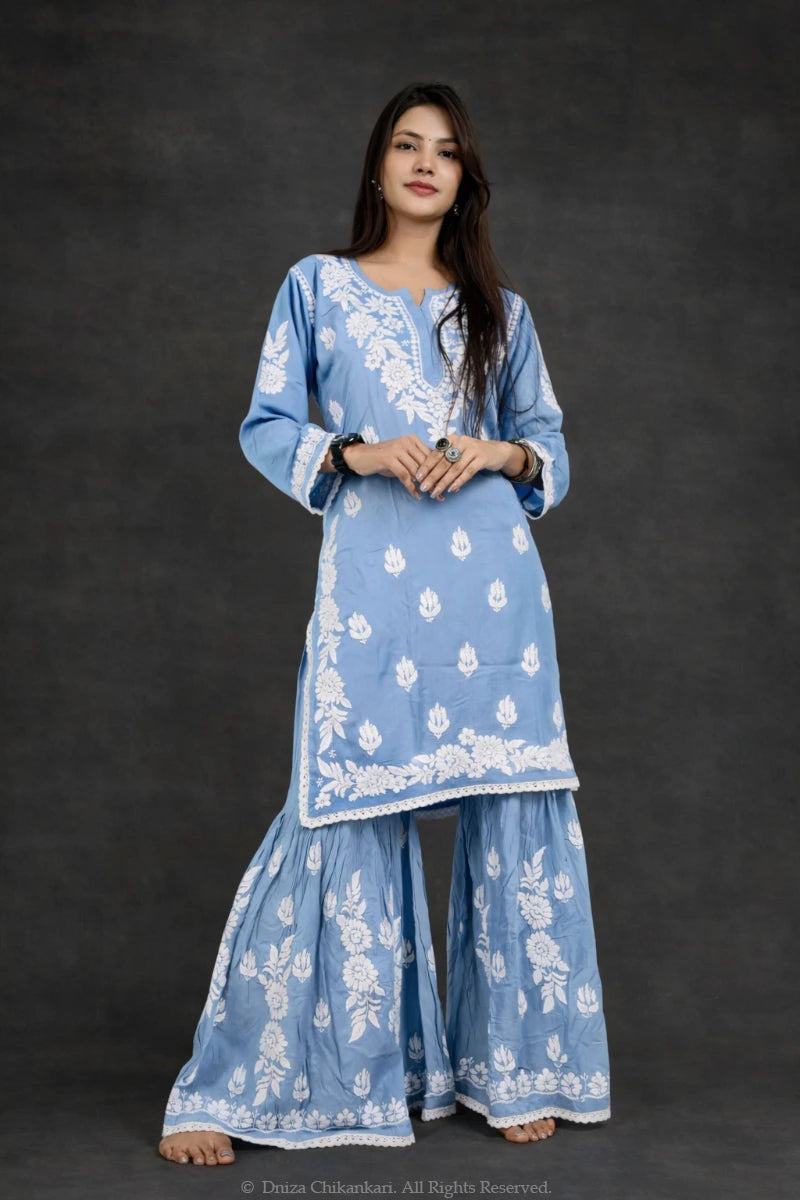 Women’s ethnic rayon garara set with 3/4th sleeves and lace design