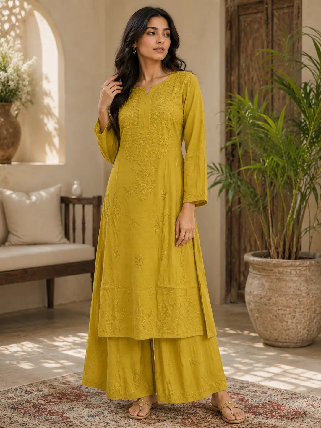 Women's mustard yellow muslin Chikankari ethnic co ord set
