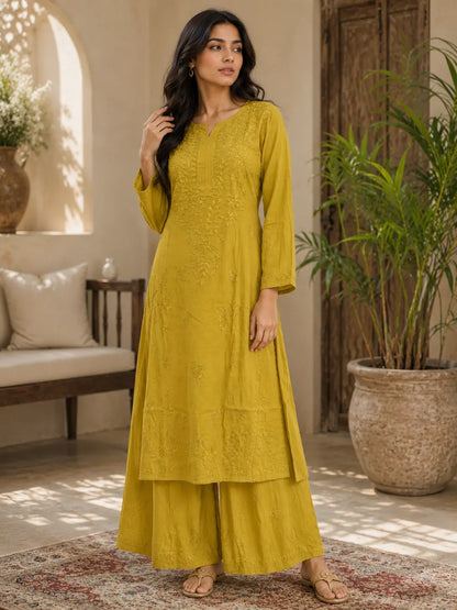 Women's mustard yellow muslin Chikankari ethnic co ord set