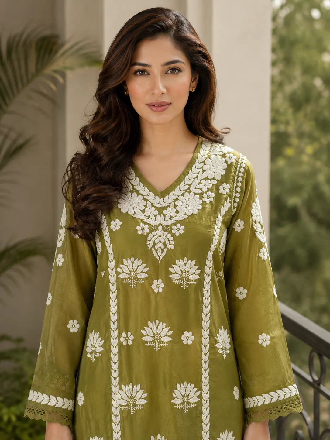Women's olive green Lucknowi Chanderi embroidered kurti
