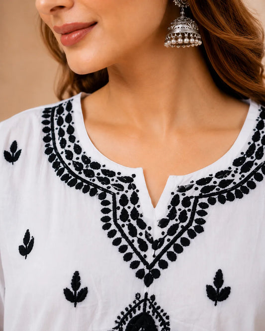White & Black Rayon Embroidered Kurta Pant Set