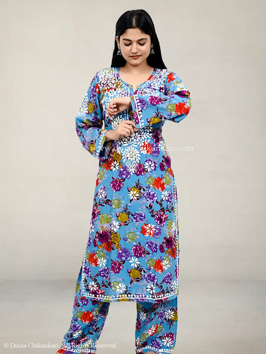 Women’s sky blue soft rayon plazo set with multicolor floral embroidery and 44-inch chikankari kurti – Dniza Chikankari