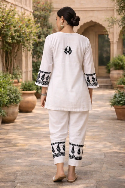 Women’s white chikankari co-ord set in premium soft rayon with black embroidered kurti and matching pants