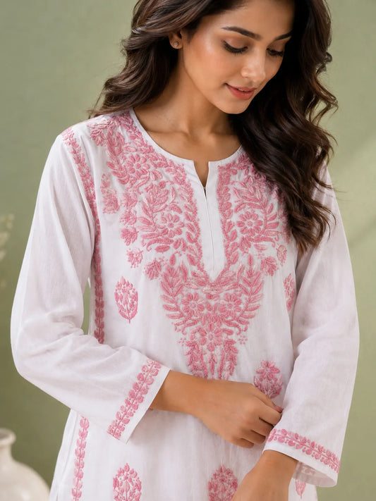 Women’s white rayon kurta with blush pink floral embroidery and matching palazzo