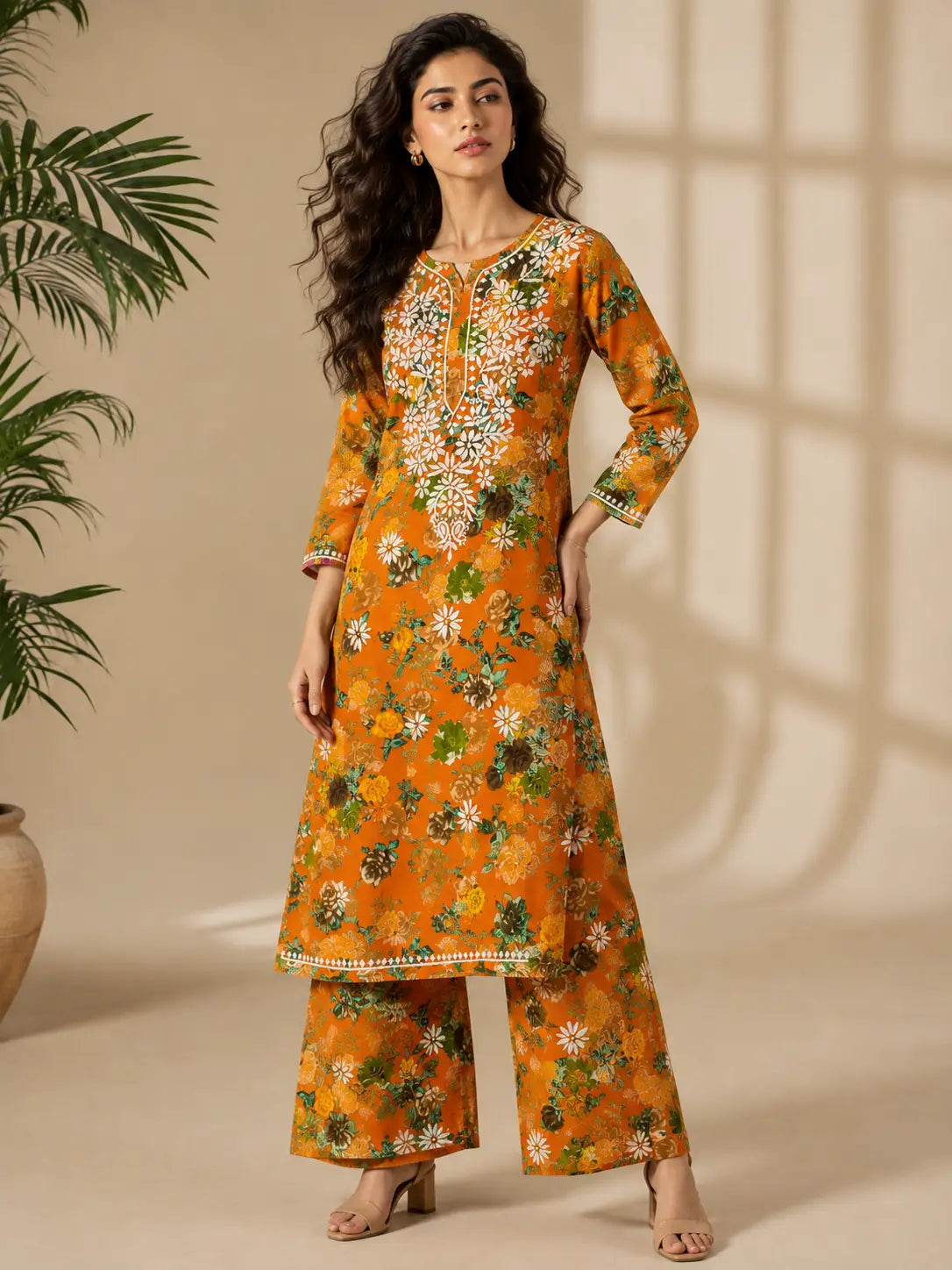 Women wearing Malmal Cotton floral printed kurta set with palazzo