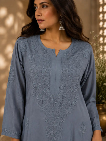 Women wearing Slate Blue Muslin Chikankari Kurta Palazzo Set