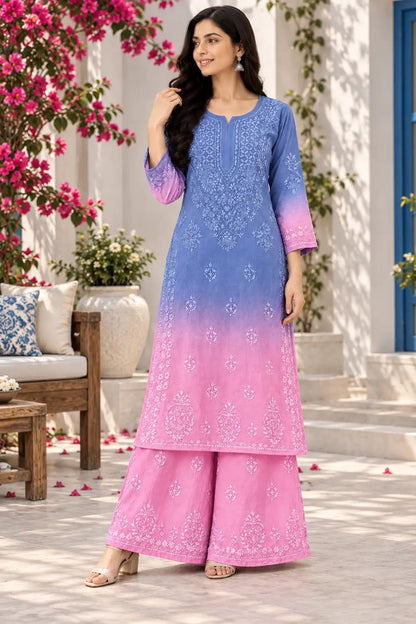 Women wearing stylish rayon 2 piece kurti palazzo set