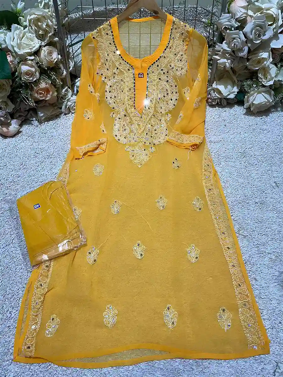  Yellow Georgette Mirror Embroidered Kurti with Inner