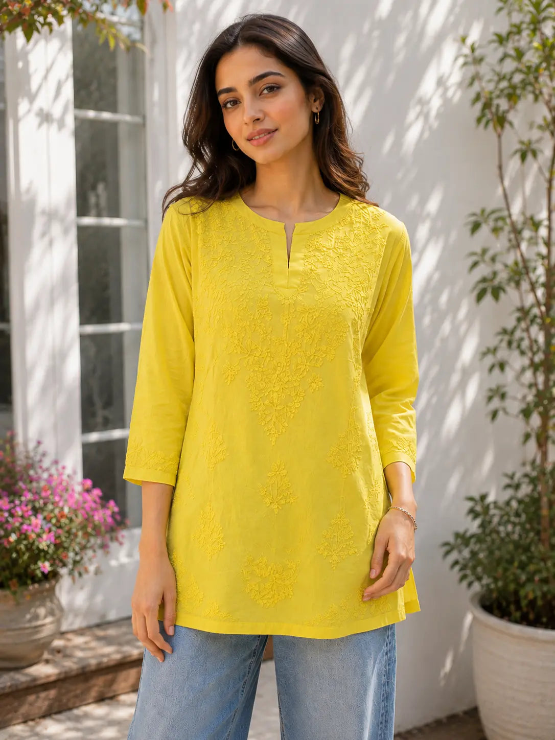 Yellow rayon chikankari short kurti for women