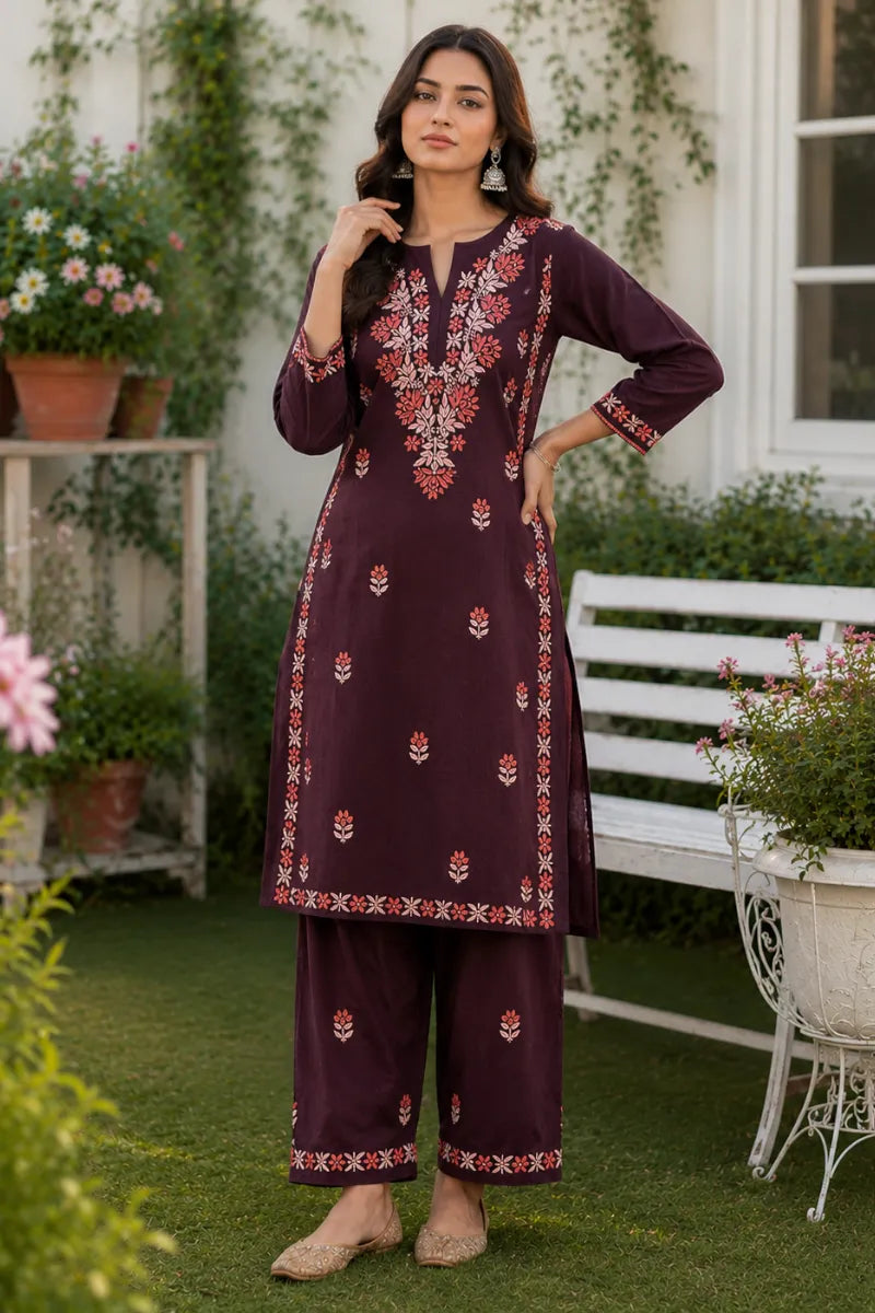 Dniza Deep Wine Rayon Embroidered Plazo Set