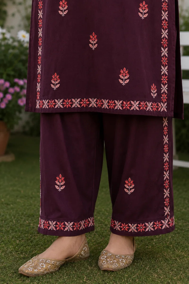 Dniza Deep Wine Rayon Embroidered Plazo Set