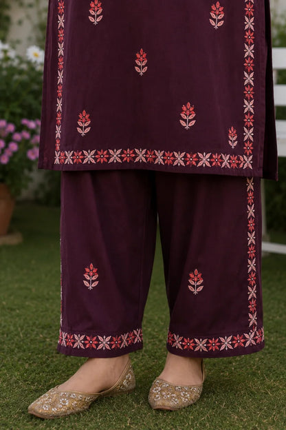 Dniza Deep Wine Rayon Embroidered Plazo Set
