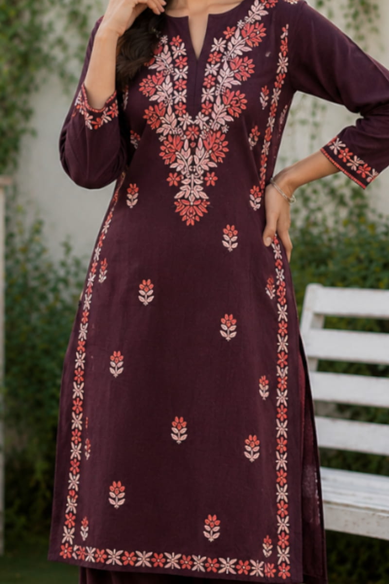 Dniza Deep Wine Rayon Embroidered Plazo Set