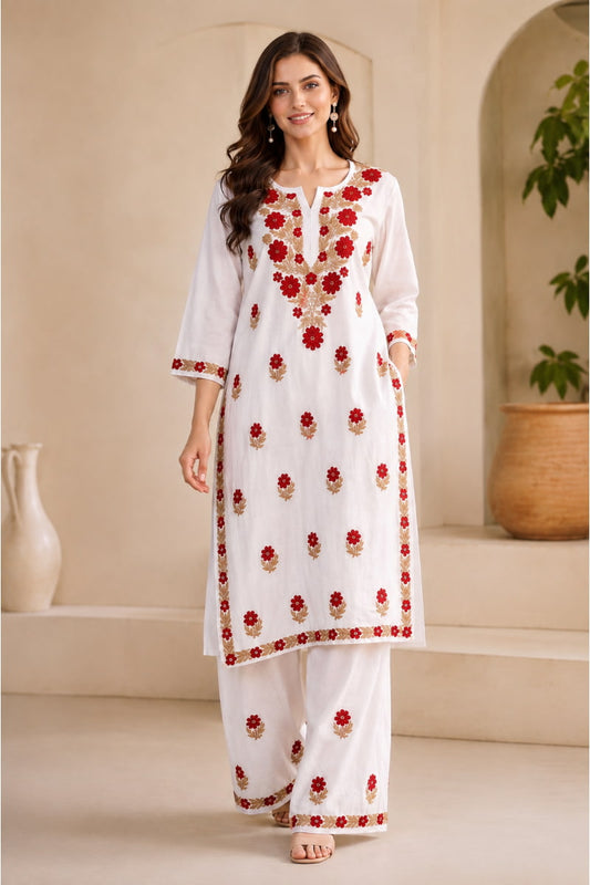 White Rayon Floral Embroidered Kurti Palazzo Set