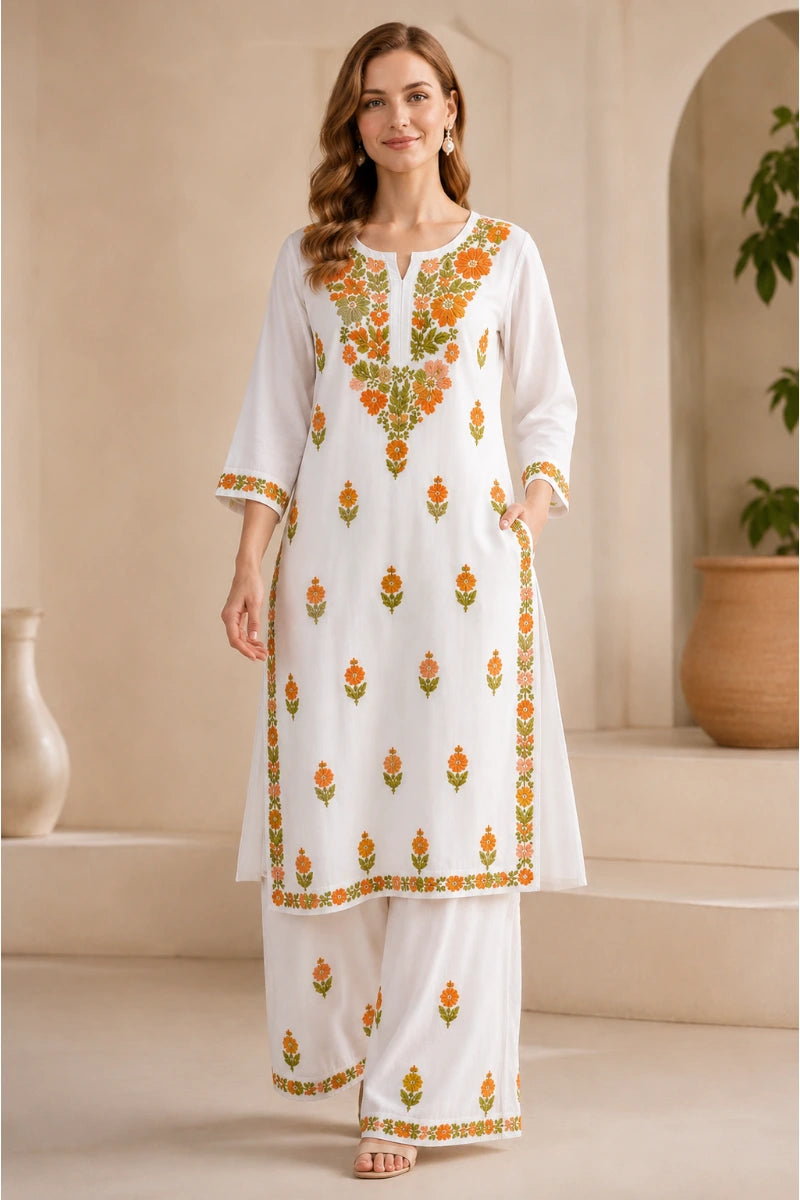White Rayon Floral Embroidered Kurti Palazzo Set