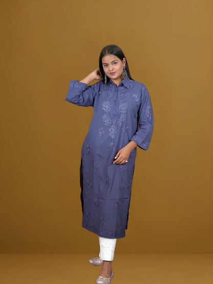 Blue chikankari kurta Featuring Classic Collar Style - Dniza Chikankari