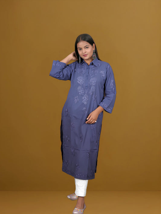 Blue chikankari kurta Featuring Classic Collar Style - Dniza Chikankari